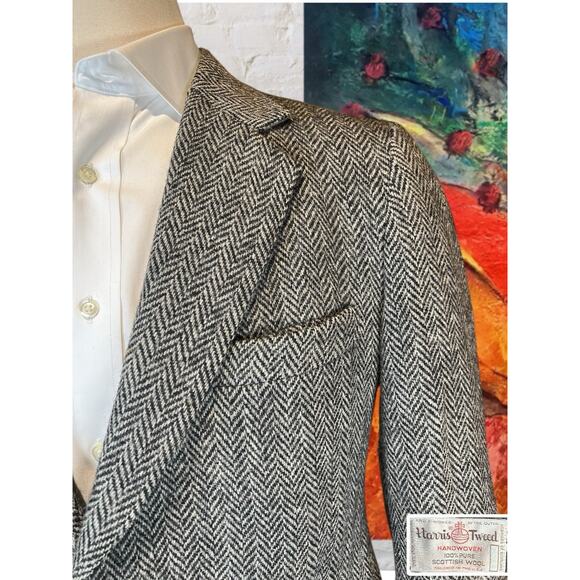 Vintage Harris Tweed 40S Black Handwoven Scottish Wool Unstructured Sport Coat - Picture 4 of 13